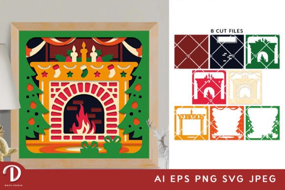 Christmas Fireplace 3D Shadow Box SVG